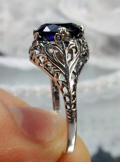 Excited to share the latest addition to my #etsy shop: 2ct Round Cut Sim Blue Sapphire Gemstone Sterling Silver Art Nouveau Floral Leaf Filigree Ring (Made To Order) {Design#198} https://etsy.me/3dMbvpq #blue #round #floral #yes #no #silver #women #artnouveau #antiqued Victorian Era Wedding, Leaf Filigree, Victorian Ring, Art Nouveau Floral, Order Design, Sapphire Solitaire, Victorian Rings, Sterling Silver Filigree, Blue Gems