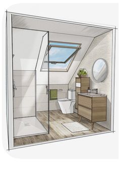 a drawing of a bathroom with a skylight above the toilet and shower stall area