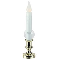 a candle that is on top of a metal stand with a white light in the middle