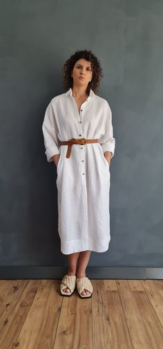 "Maxi Linen Shirt, Linen Shirt Dress This linen shirt dress is ideal for the hot summer days where you can wear it by itself or with pants. Add more silhouette by styling it with a belt. NOTE: The belt shown in the photos is not included. It is only used for styling purposes and not for sale. ✥ Welcome to my world! I create my design in my dreams and I draw geometric lines and extravagant patterns with scissors, needles and thread. Be my dream catcher and let me create for you a parallel fashion Casual White Shirt Dress With Placket, Oversized Collared Shirt Dress For Summer, Oversized Shirt Dress For Summer, Casual White Shirt Dress With Buttons, Spring Vacation Shirt Dress With Pockets, Vacation Shirt Dress With Pockets For Spring, Collared Shirt Dress For Summer Beach, Classic Spread Collar Shirt Dress For Summer, Classic Summer Shirt Dress With Spread Collar