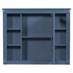 a blue bookcase with three shelves and two doors on the front, one door open