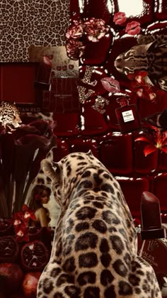 a leopard print animal is standing in front of some red vases and other items