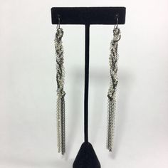 Nwot Braided Chain Duster Earrings | Silver Tone And Gunmetal Chain With Rhinestone Chain Braided In | Length Is 5” Metal Dangle Box Chain Jewelry, Evening Long Drop Linear Metal Earrings, Evening Metal Chain Earrings, Party Earrings With Adjustable Chain, Silver Dangle Chain Jewelry, Party Earrings With Chain Detail, Party Earrings With Metal Chain, Elegant Silver Linear Earrings With Box Chain, Wire Wrapped Metal Earrings For Party