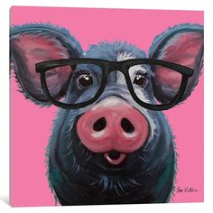 a painting of a pig with glasses on it's face, against a pink background