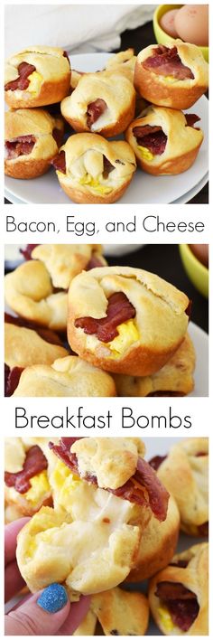 Bacon, Egg, and Cheese Bombs- Bacon, Egg, & Cheese Breakfast Bombs are everything you didn't know you needed for breakfast or brunch. Each flaky crescent roll bomb is stuffed with delicious bacon, cheese, and scrambled eggs. Baked in a muffin tin, these are hard to resist! #crescentbombs #cheesebombs #bacon via @sizzlingeats Croissant Breakfast Sandwich, Eggs Cheese Breakfast, Theme Snack, Bacon Egg Cheese, Cheese Breakfast, Bacon Egg And Cheese, Egg Cheese, Egg And Cheese, Breakfast Bites