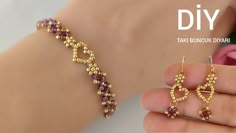 a woman holding onto a gold bracelet with purple stones on it and the words diy written in white