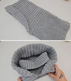 two pictures showing how to crochet the bottom and side of a knitted scarf