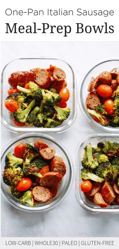 four glass bowls filled with meat and veggies on top of a white counter