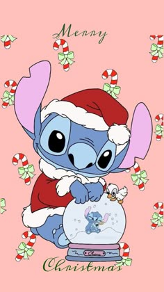 a christmas card with an image of stitchy in a santa hat and holding a snow globe