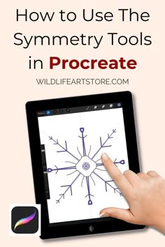 someone is pointing to the screen on their tablet with text overlay that reads how to use the symmetrical tools in procreate