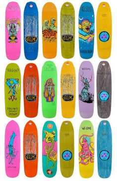 the skateboards are all different colors and designs