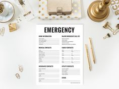 an emergency checklist on top of a desk next to other office supplies and accessories