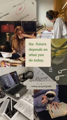 a collage of photos with people working on laptops and writing in notebooks