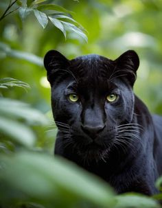 a black cat with green eyes is in the woods looking straight ahead at the camera