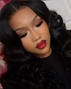 Makeup For Birthday Photoshoot, Red Smoky Eyeshadow Look, Make Up Looks Red Lip, Birthday Makeup With Red Lips, Makeup Ideas Black Women Prom, Bold Makeup Looks Red Lips, Natural Makeup Red Lips Black Women, Grad Makeup Black Women, Makeup Red Lipstick Black Women