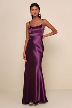 Chic Dark Purple Dress - Satin Maxi Dress - Mermaid Maxi Dress - Lulus Dark Purple Formal Dresses, Plum Satin Dress, Dark Purple Satin Dress, Dark Purple Dress Formal, Deep Purple Prom Dress, Dark Purple Dress, Dark Purple Gown, Purple Dress Formal, Dark Purple Bridesmaid Dresses