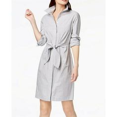 Calvin Klein Cotton Striped Tie-Waist Shirtdress Womens Size 2 Brand New With Tags Calvin Klein Classic Striped Shirtdress Is Casually Cinched At The Waist With Self-Tie Detail. Approx. Model Measurements: Height: 5'10"; Bust: 31-1/2"; Waist: 24"; Hips: 35" Knee Length Point Collar; Button Front Placket And 3/4-Sleeves Self-Tie At Waist Unlined All Cotton Dry Clean (3) Calvin Klein Fitted Button-up Dress, Fitted Cotton Shirt Dress With Tie Waist, Cotton Long Sleeve Shirt Dress With Tie Waist, Cotton Shirt Dress With Tie Waist And Long Sleeves, Calvin Klein Spring Office Dress, Calvin Klein Spring Daywear Dresses, White Collared Dress With Tie Waist, Calvin Klein Long Sleeve Office Dress, Calvin Klein Belted Knee-length Dress