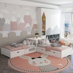 a living room filled with lots of furniture and walls painted in pastel pinks