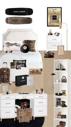 the bedroom is decorated in leopard print and white furniture, including a bed, desk, dresser