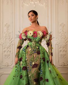 MELON DRESS – CHALASO Green Gown With Flowers, Diamond Inspired Outfit, Green Floral Embellished Party Gown, Green Floral Party Gown, Long Sleeve Floral Applique Prom Dress, Green Floral Embroidered Dress For Gala, Green Off-shoulder Evening Gown, Green Floral Embroidery Dress For Gala, Green Off-shoulder Gown For Evening