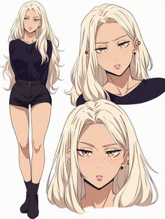 an anime character with long blonde hair and black clothes, posing for the camera while wearing short