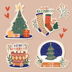 four christmas stickers on a pink background with trees, stockings and snowflakes