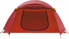 an orange and red tent with the door open