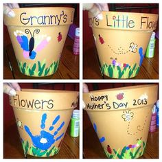 four pictures of a flower pot with flowers painted on it and the words happy mother's day written in different languages