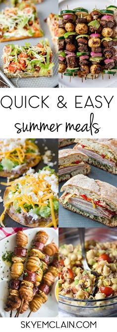 several different types of sandwiches and salads with text overlay that reads quick and easy summer meals