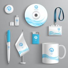 a set of corporate identity items including a pen, coffee mug, badge and lanyard