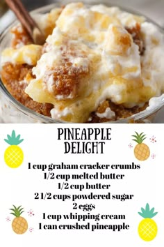 pineapple dessert in a glass bowl with text overlay