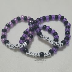 Glittery Black And Purple Pony Bead Bracelet "Magical" Glittery Black And Purple Pony Bead Bracelet "Goth Gf" Black And Holographic Purple Pony Bead Bracelet "Spooky" Double Stranded Elastic Kandi Bracelet Perfect For Emo, Scene, Y2k, Rave, Festival, Goth, Pastel Goth, Egirl, Gamer, Lgbt Pride Aesthetics. Elastic Bracelet Has Fair Stretch. Model Wrist 6.5" Model Hand 7.5" Please Check Measurements For Both. Please Do Not Exceed 8" Width, Elastic Will Break More Sizes Will Be Included Soon. Stock Kandi Bracelets Rave Goth, Matching Word Bracelets, Perler Beads Bracelets, Purple Kandi Bracelet, Scene Kid Bracelets, Kandi Bracelets Aesthetic, Kandi Bracelets Tutorial, Purple Bracelet Ideas, Funny Bracelets Beads Words