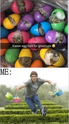 two pictures, one with eggs and the other with an image of a man carrying easter baskets