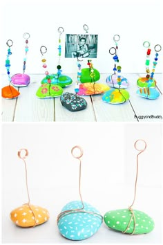 three different pictures of colorful objects on display with wire and beads hanging from them, one is