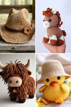 crocheted farm animals are shown in four different pictures, including a cow, a chicken, and a cowboy hat