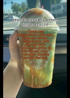 a person holding up a cup with an apple in it and the caption reads, grade general green apple frappe