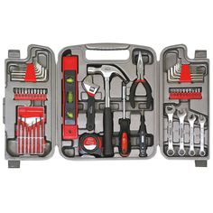 a tool kit with tools in it on a white background