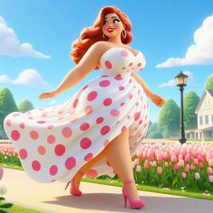 a woman in a polka dot dress is standing on the sidewalk with her legs spread out