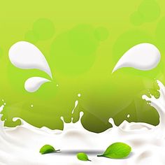 a green background with milk splashing and leaves