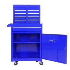 a blue tool cabinet with wheels and drawers