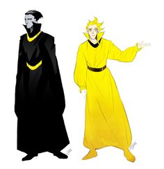 two men in black and yellow robes, one with his hands out to the side