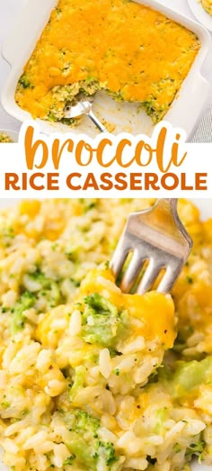 broccoli rice casserole in a white baking dish with a fork and text overlay