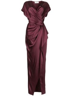 Michelle Mason Wrap drape-detail Gown - Farfetch Bronze Dress Wedding Guest, Maroon Dress Aesthetic, Printed Formal Dress, Draped Clothing, Villain Gown, Maroon Mother Of The Bride Dress, Silk Fashion, Soft Dramatic, Slytherin Dresses