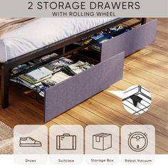 two storage drawers under a bed with rolling wheels on the bottom, and below it