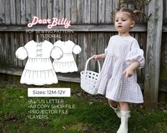 "This is a girls tiered dress with puff sleeves and bows PDF Sewing Pattern (instant download) with Instructions. 'Pretty Little Dress' pattern by DearBillyPatterns. Designed for woven fabrics. This is a PDF Sewing Pattern (instant download) in sizes 12M-18M-2Y-3Y-4Y-5Y-6Y-7Y-8Y-9Y-10Y-11Y-12Y. All sizes are included in your purchase. This is an intermediate skill level sewing pattern that requires prior sewing experience. If you have any questions while sewing-feel free to email us, we'll be mo Baby Girl Dress Sewing Pattern, Sewing Projects For Baby, Pretty Little Dress, Kids Clothes Patterns, Girls Dress Sewing Patterns, Dress With Puff Sleeves, Sewing Patterns Girls, Sewing Patterns For Kids, Woven Fabrics