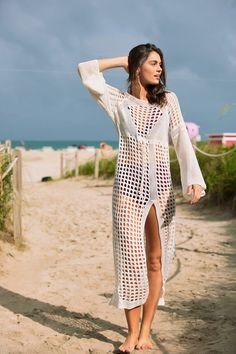 Model wears the Stella crochet cover up in white at the beach White Cover Up, Crochet White, White Crochet, Needlework, Bali, Cover Up, Indonesia, Sleeve Length, Crochet