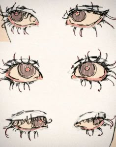 four different views of an eye with long lashes and large eyes, all drawn by hand