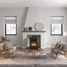 a living room filled with furniture and a fire place in the middle of the room