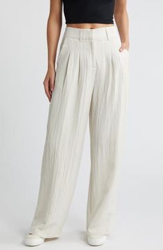 Soft pleats lend graceful movement to these high-waist pants designed with a crinkled texture and flowy wide legs. Zip fly with hook-and-bar closure 55% polyester, 37% viscose, 8% nylon Machine wash, dry flat Imported Wide Leg Bottoms With Folds For Workwear, Spring Wide Leg Bottoms With Folds, Elegant Cream Relaxed Fit Bottoms, Chic Cream Linen Wide Leg Pants, Chic Wide Leg Bottoms With Folds, Chic Bottoms With Folds For Spring, Wide Leg Bottoms With Folds, Elegant Wide Leg Cream Pants With Elastic Waistband, Elegant Cream Wide Leg Pants With Elastic Waistband