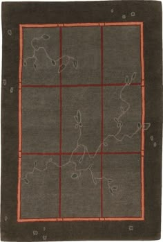 an area rug with squares and lines on the ground in grey, red and brown colors